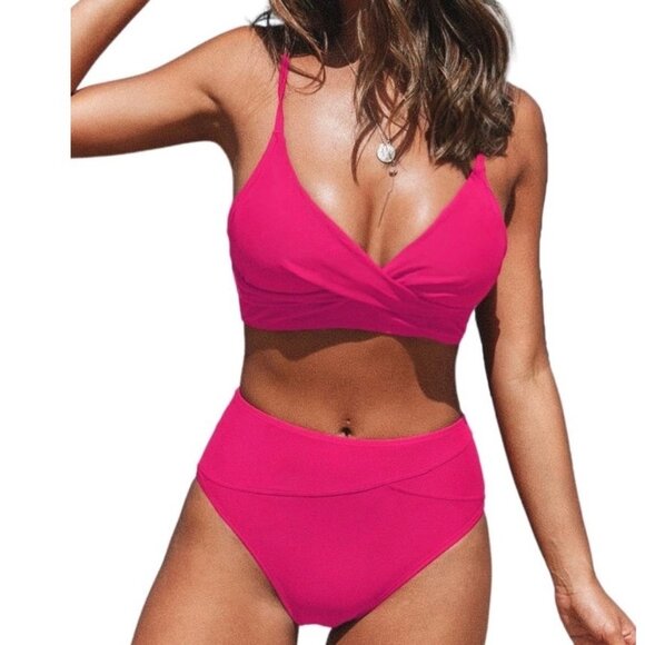 Cupshe Other - Cupshe Women 2 Piece Swimsuit Large Hot Pink V-Neck Twist Front High Waist Cheek